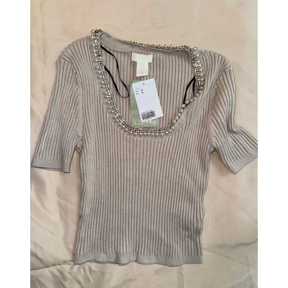 H & M tan ribbed top with a Pearl and rhinestone neckline NWT